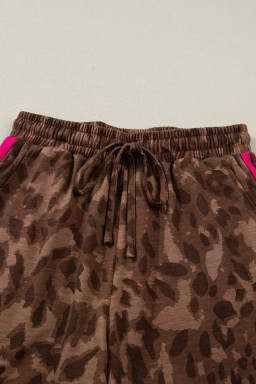 Brown Contrast Striped Accent Leopard Short Set