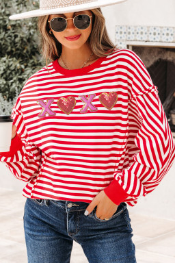 Red Stripe XOXO Sequin Heart Patched Valentines Day Long Sleeve Top
