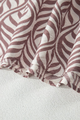 Brown Leaf Print Standing Collar Puff Sleeve Top