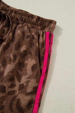 Brown Contrast Striped Accent Leopard Short Set