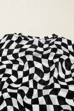 Black Checkered Print Crew Neck Mesh T Shirt