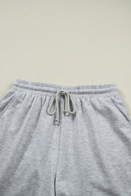 Light Grey Collared V Neck Tee Drawstring Elastic Waist Shorts 2pcs Outfit