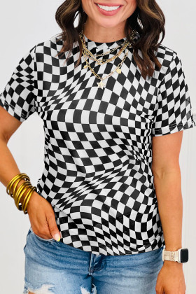 Black Checkered Print Mock Neck Mesh T Shirt