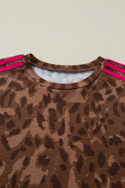 Brown Contrast Striped Accent Leopard Short Set