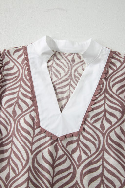 Brown Leaf Print Standing Collar Puff Sleeve Top