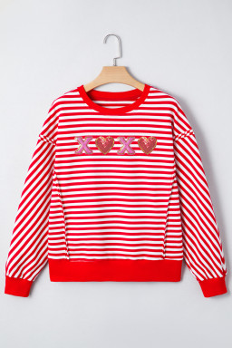 Red Stripe XOXO Sequin Heart Patched Valentines Day Long Sleeve Top