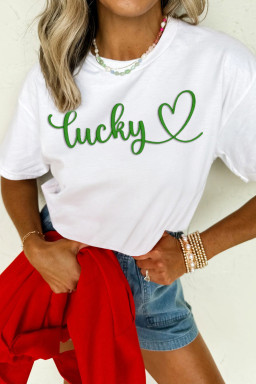 White lucky Heart Embroidered Graphic Casual Tee