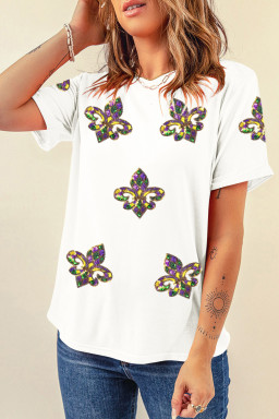 White Maid Gras Sequin Fleur de Lis Graphic T Shirt