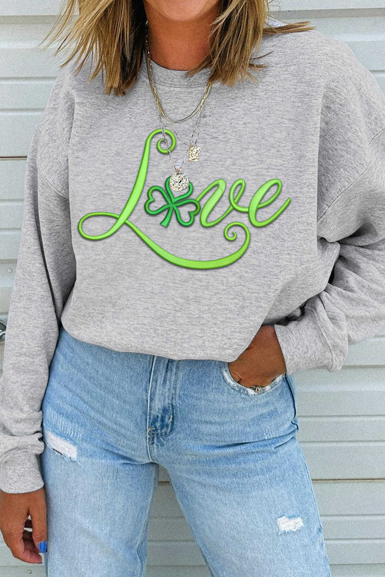 Gray 3D Puff Embroidered Love Clover Graphic Casual Sweatshirt