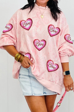Pink Tie Dye Camo Sequin Love Heart Patched Mock Neck Sweatshirt