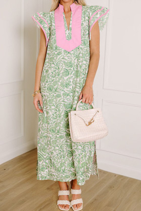 Vestit midi de màniga curta amb coll en V i estampat floral verd i blocs de color