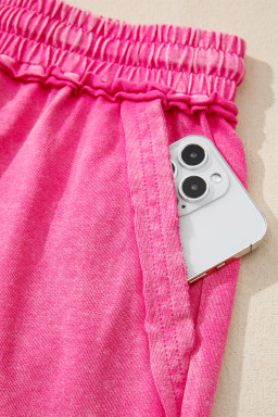 Rose Red Mineral Washed Drawstring Elastic Waist Raw Cut Shorts