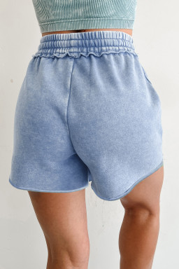 Sky Blue Mineral Washed Drawstring Elastic Waist Raw Cut Shorts