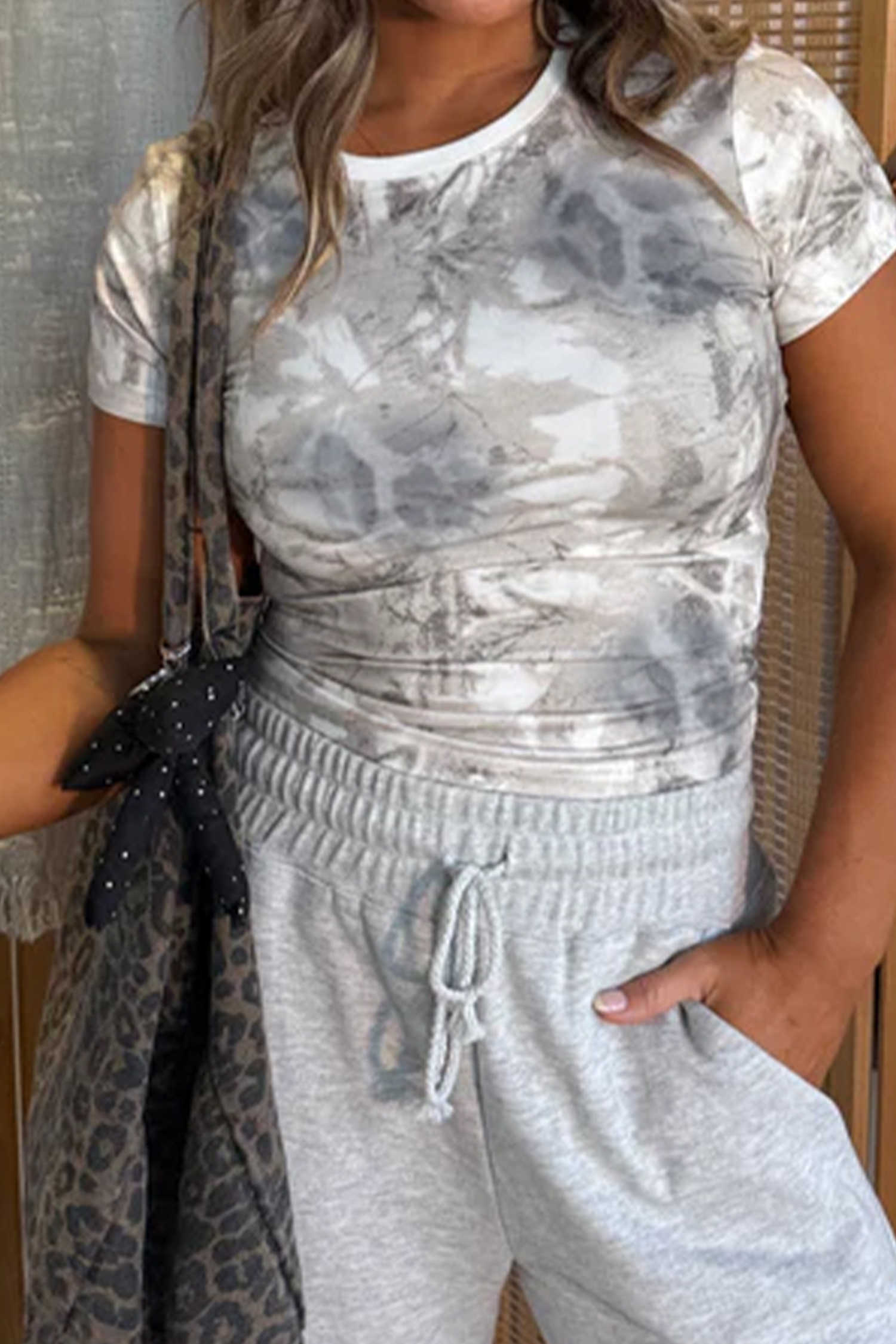 Gray Abstract Woodland Print Slim Fitted T Shirt