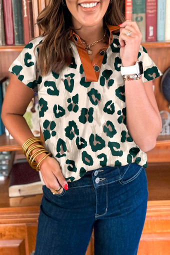 Brown Unique Leopard Print Button Contrast Collared Short Sleeve Blouse