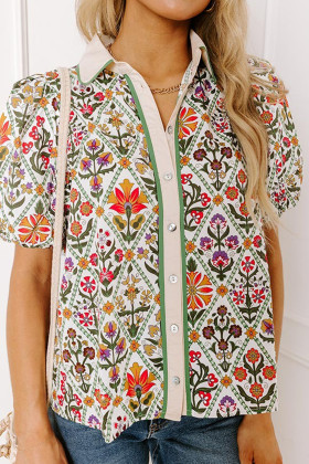 Camisa floral de màniga curta de bombolla verda