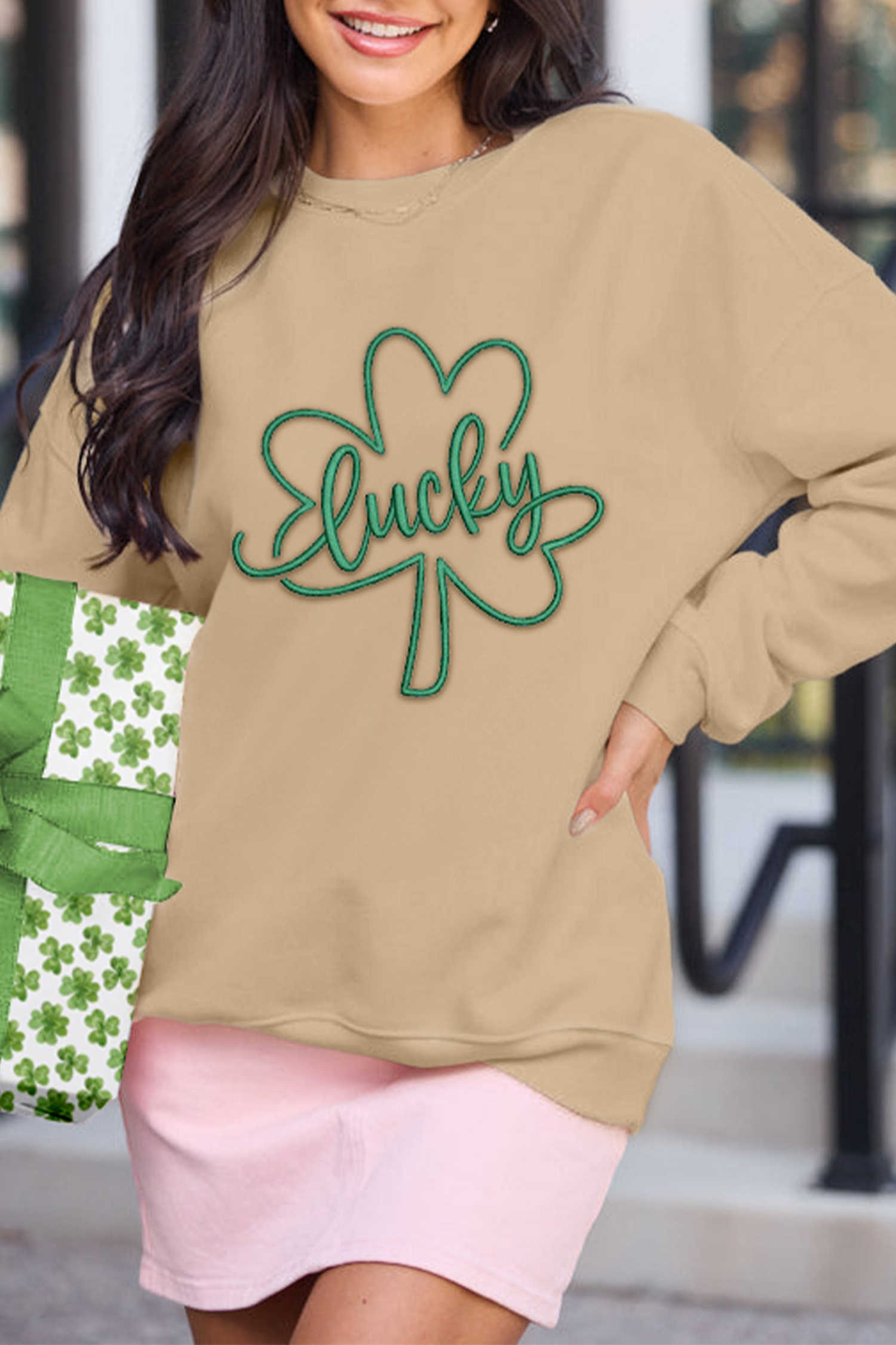 Khaki lucky Clover Embroidered Graphic Casual Pullover Sweatshirt