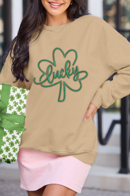 Khaki lucky Clover Embroidered Graphic Casual Pullover Sweatshirt