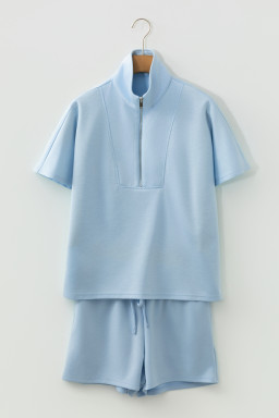 Beau Blue Solid Color Half Zip Loose Short Sleeve Sweatshirt 2pcs Set