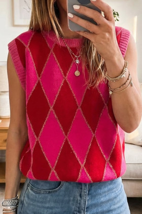 Rose Glitter Trim Rhombus Pattern Knit Sweater Vest