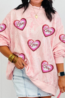 Pink Tie Dye Camo Sequin Love Heart Patched Mock Neck Sweatshirt