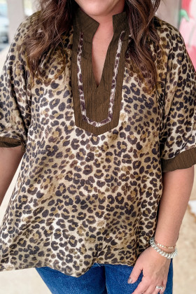 Brown Plus Size Leopard Print Crinkled Colorblock Patchwork V Neck Blouse