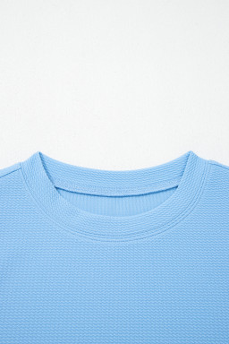 Light Blue Round Neck Textured Contrast Floral Bubble Sleeve Blouse