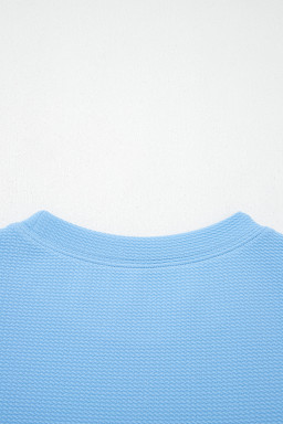 Light Blue Round Neck Textured Contrast Floral Bubble Sleeve Blouse
