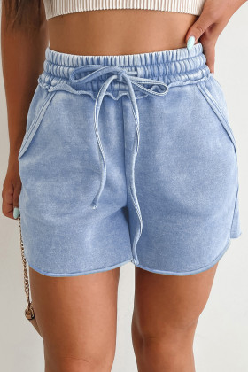 Sky Blue Mineral Washed Drawstring Elastic Waist Raw Cut Shorts