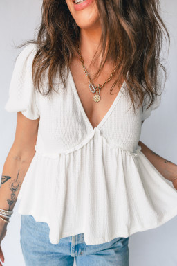 White Textured Knit V Neck Short Bubble Sleeve Peplum Top