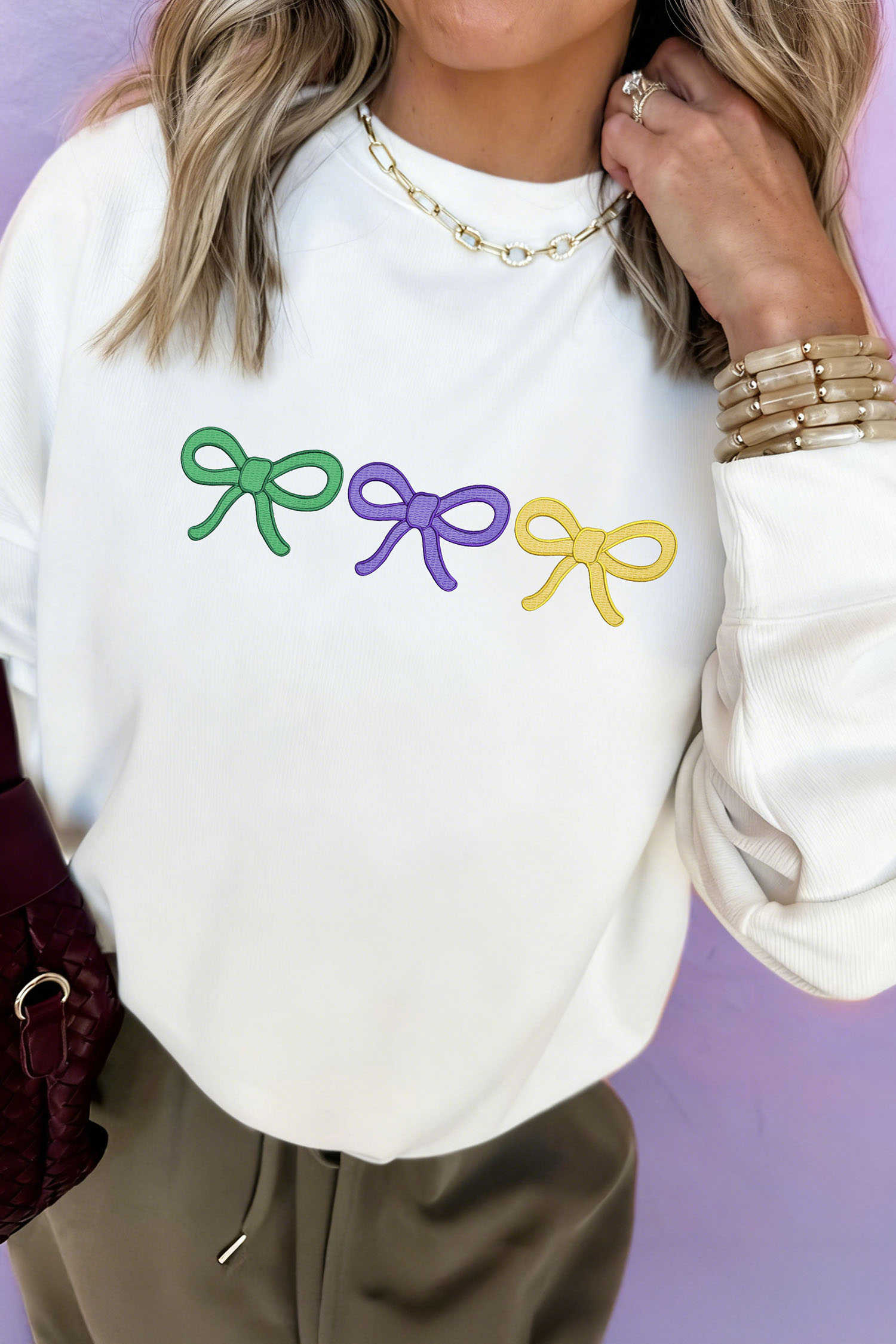 White Mardi Gras Embroidered Bow Pullover Sweatshirt