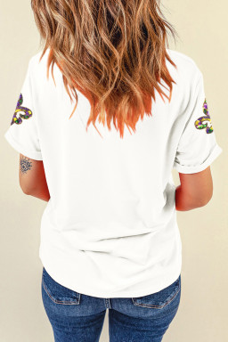 White Maid Gras Sequin Fleur de Lis Graphic T Shirt