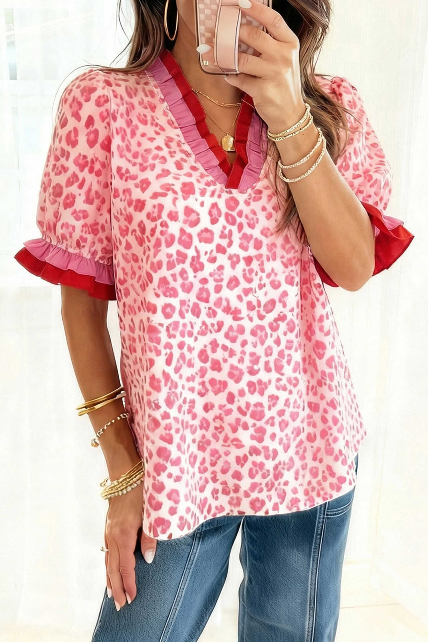 Pink Stripe Ruffled Trim V Neck Leopard Print Short Sleeve Blouse