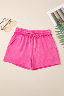 Rose Red Mineral Washed Drawstring Elastic Waist Raw Cut Shorts