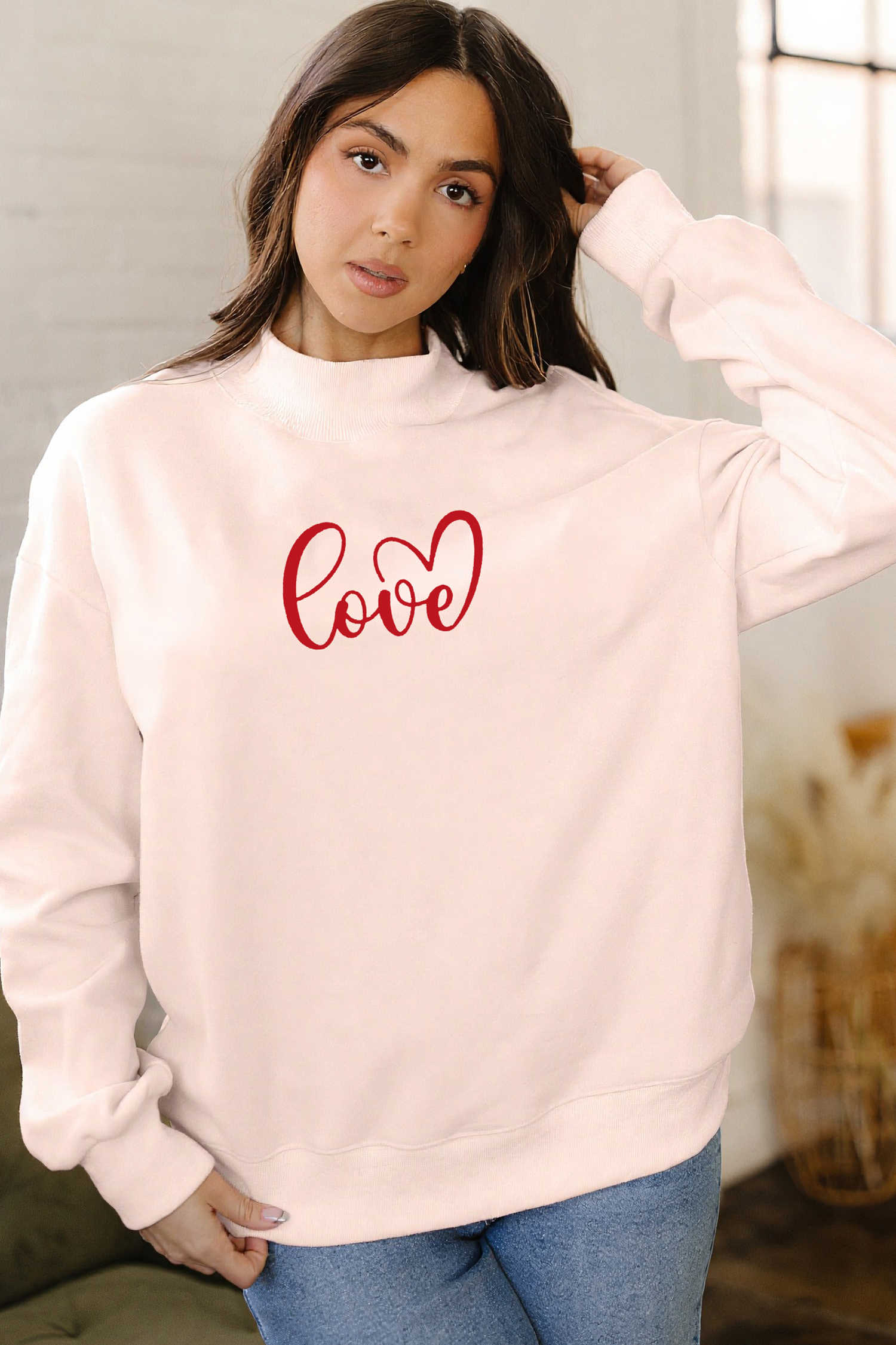 Apricot Pink Mock Neck Love Letter Embroidered Valentines Day Sweatshirt