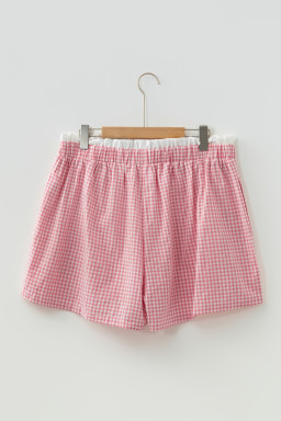Pink Contrast Trim Plaid Print Plus Size Shorts