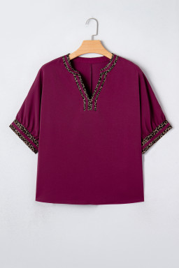 Red Dahlia Contrast Leopard Trim V Neck Short Sleeve Blouse