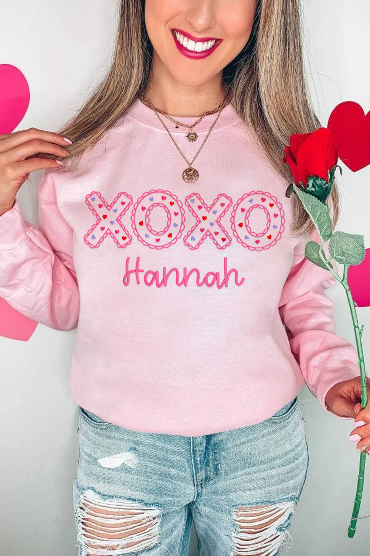 Pink Playful XOXO Letter Embroidered Hannah Pullover Sweatshirt