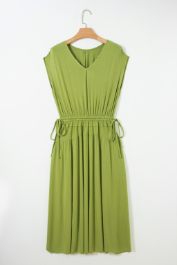 Fern Green Solid V Neck Cap Sleeve Tunic Elastic Waist Versatile Maxi Dress