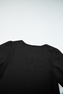 Black Solid Color Textured Notched Neck Puff Sleeve Blouse