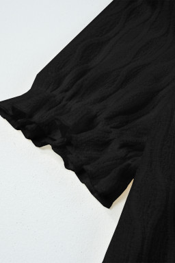 Black Solid Color Textured Notched Neck Puff Sleeve Blouse