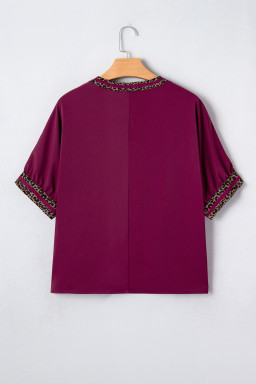 Red Dahlia Contrast Leopard Trim V Neck Short Sleeve Blouse