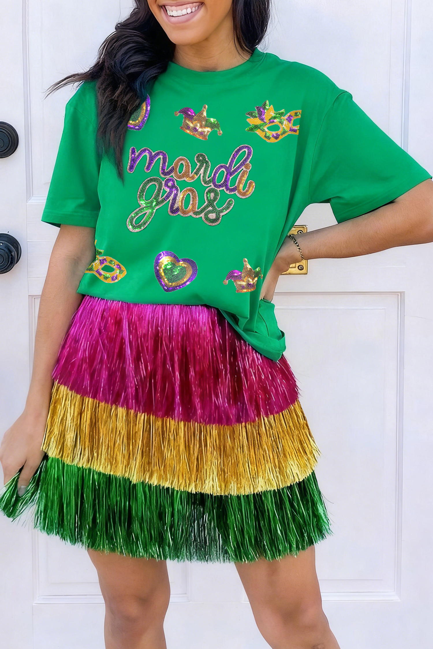 Bright Green Mardi Gras Sequin Holiday Patterned Festive T Shirt
