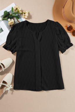 Black Solid Color Textured Notched Neck Puff Sleeve Blouse