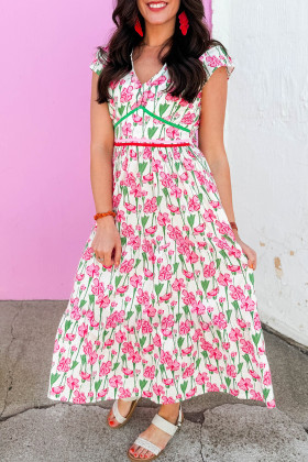 Vestit midi elegant de màniga curta amb coll en V i estampat floral rosa