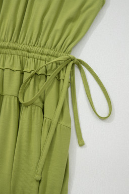 Fern Green Solid V Neck Cap Sleeve Tunic Elastic Waist Versatile Maxi Dress