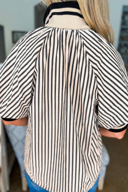 Black Stripe Polo Collar Half Zip Short Puff Sleeve Blouse