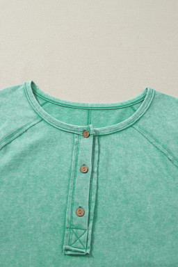 Mint Green Half Buttons Raw Seam Raglan Sleeve Mineral Wash T Shirt