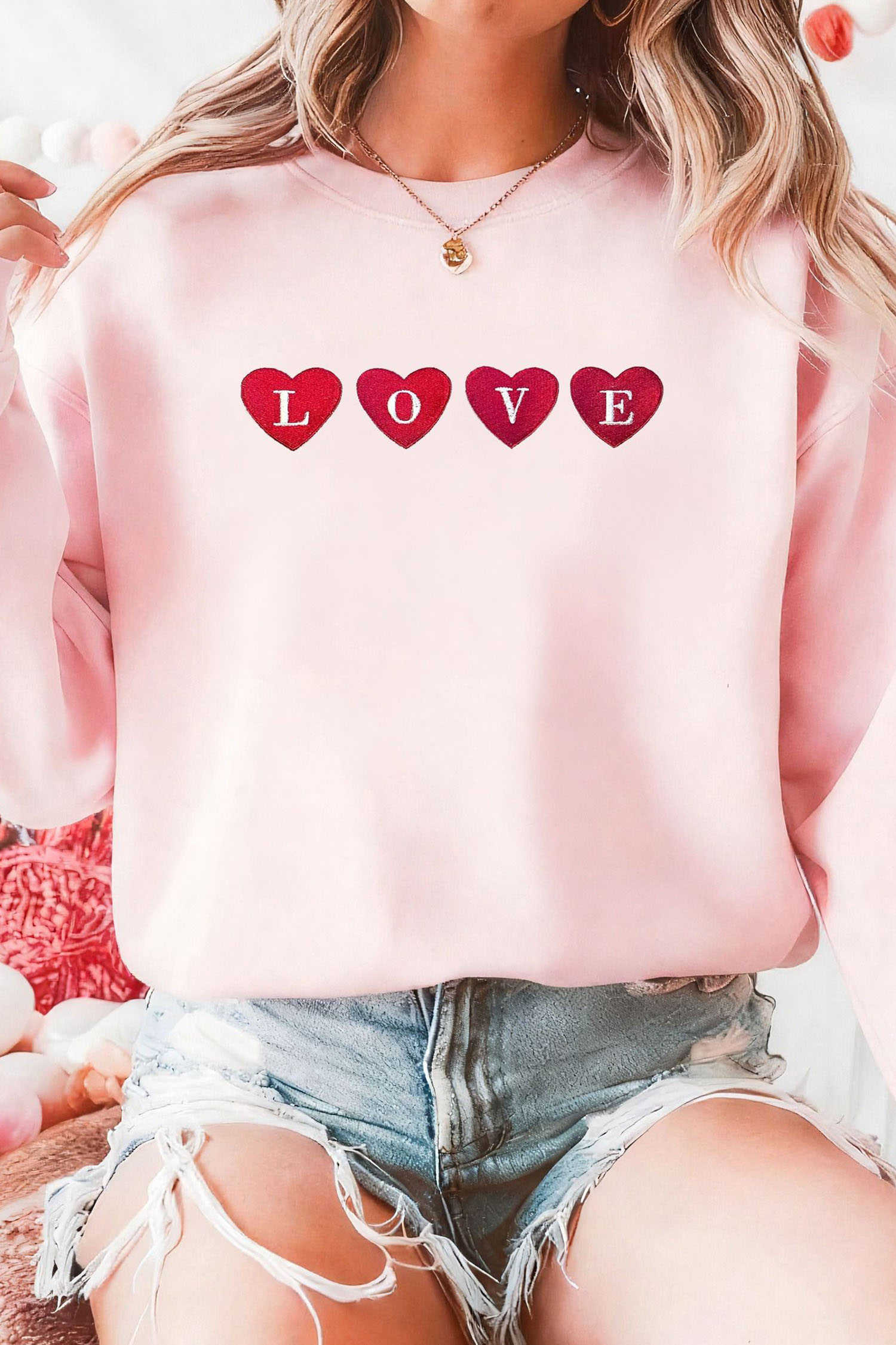 Pink LOVE In Hearts Embroidered Graphic Sweatshirt