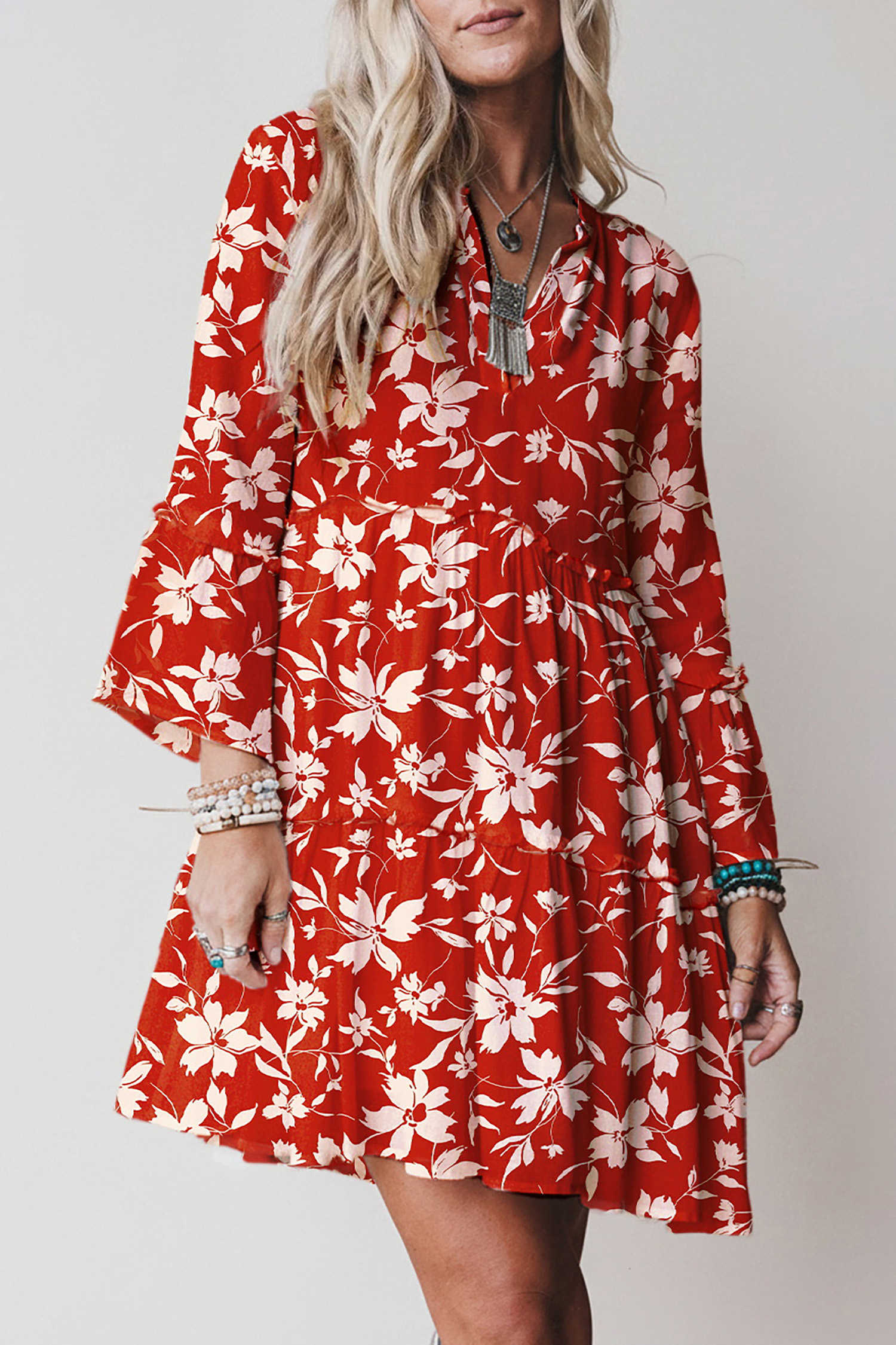 Red Boho Floral Print Lettuce Trim 3/4 Sleeve Mini Dress